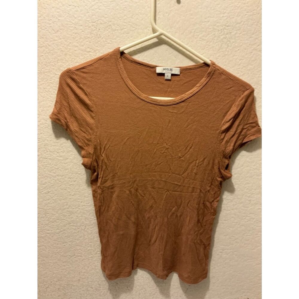 Agolde Women's Size Large Ribbed Short Sleeve Tee in Rust Brown